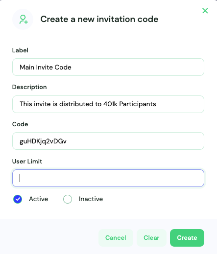 Invite codes interface for distributing member signup codes.