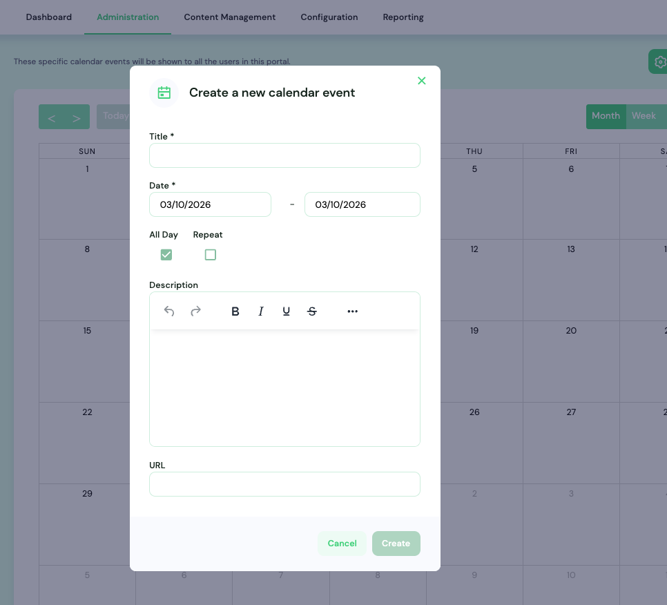Calendar showing flexible event creation and scheduling.