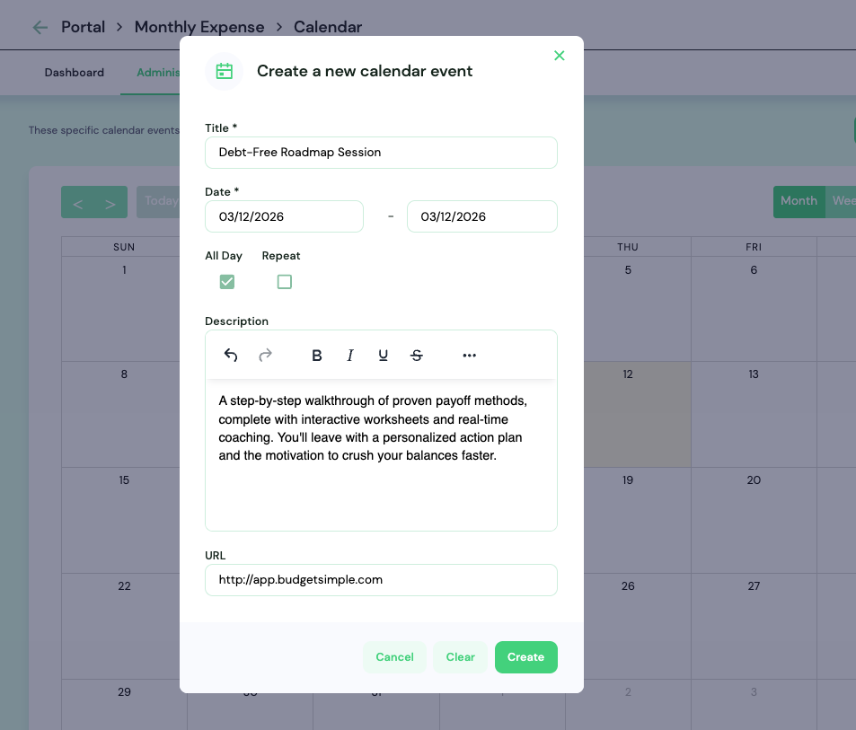 Branded calendar page embedded in platform navigation.