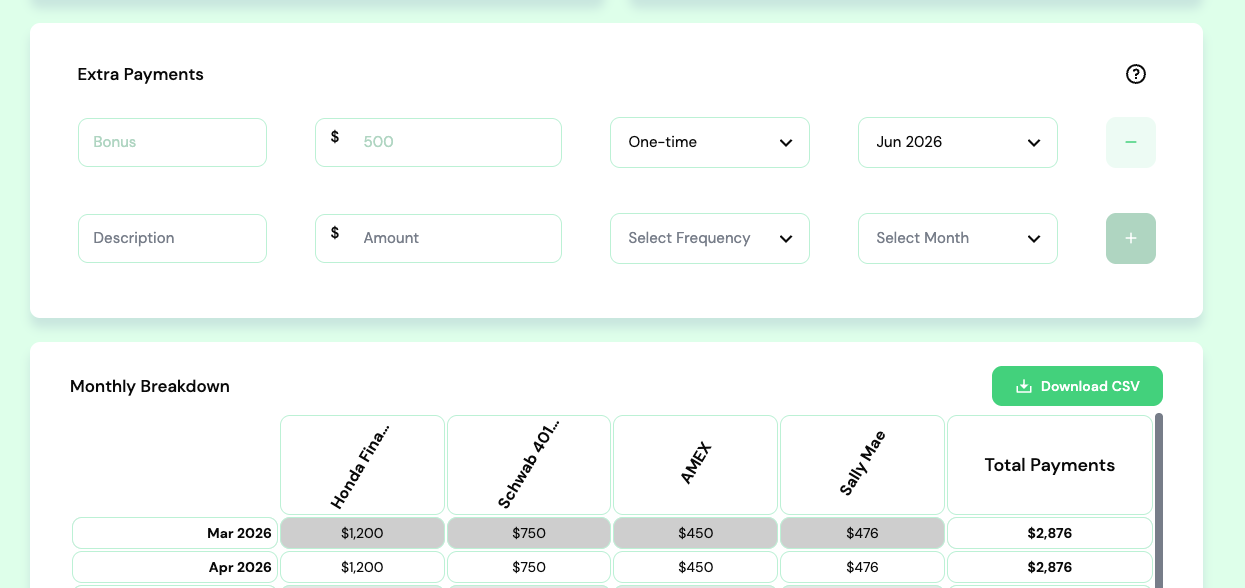 Extra payment entry showing impact on payoff date and interest.