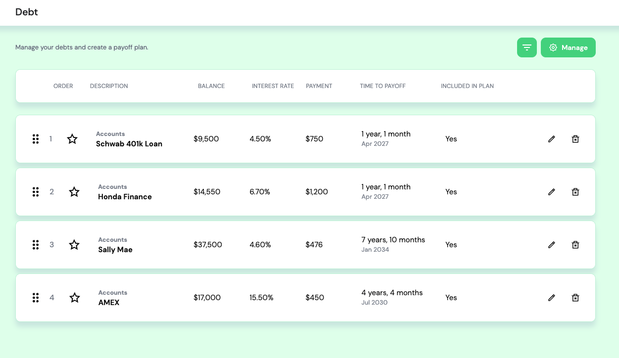 Debt list with drag-and-drop ordering and strategy options.