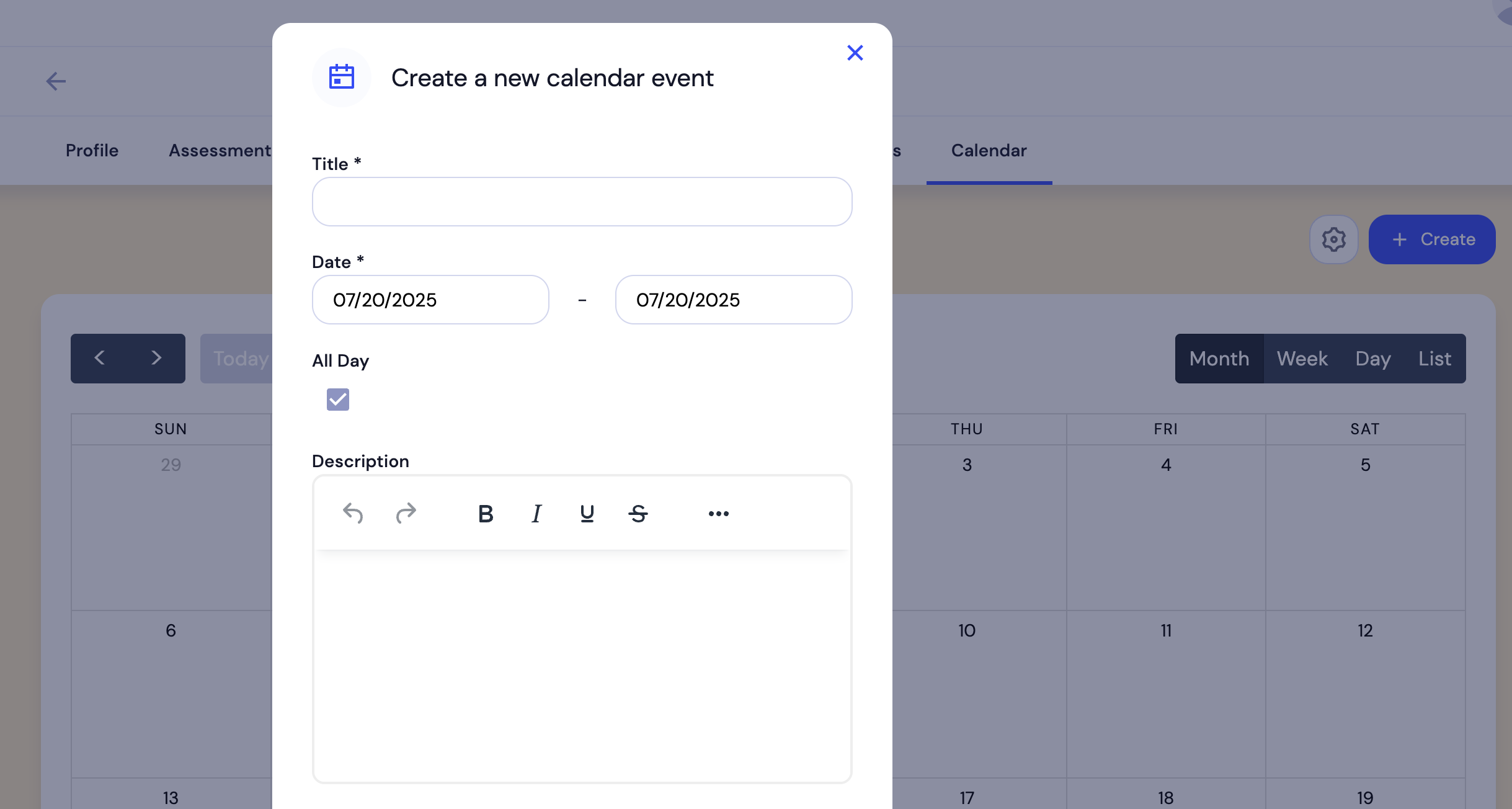 Calendar showing flexible event creation and scheduling.
