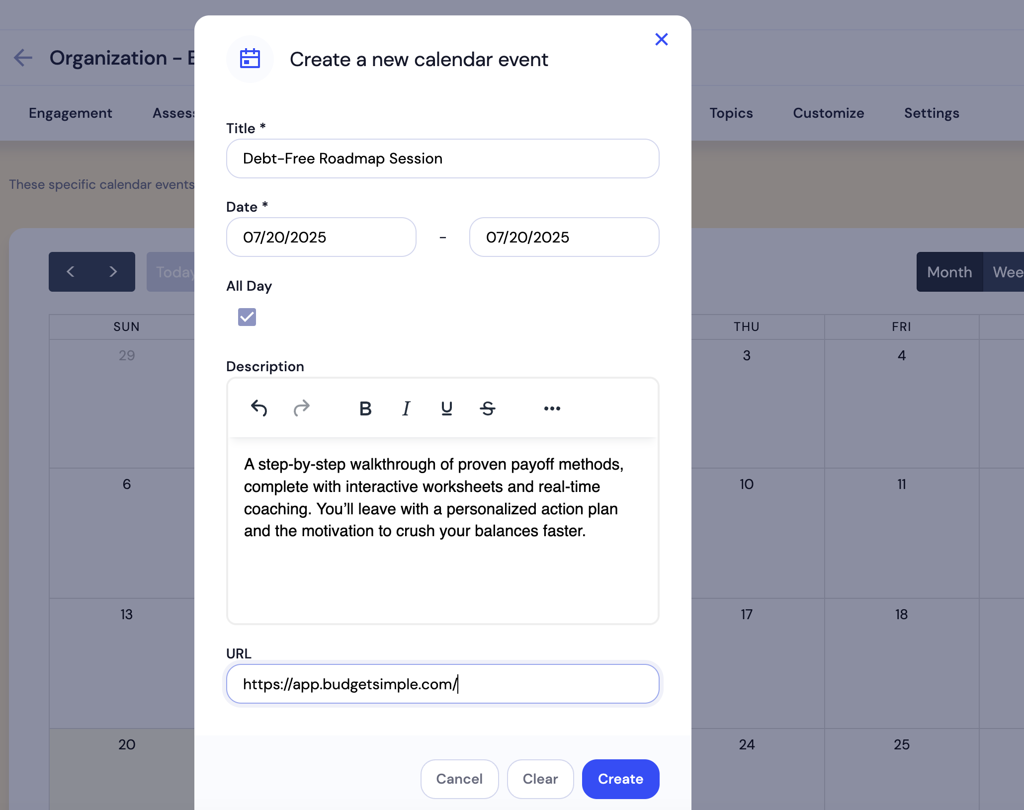 Branded calendar page embedded in platform navigation.