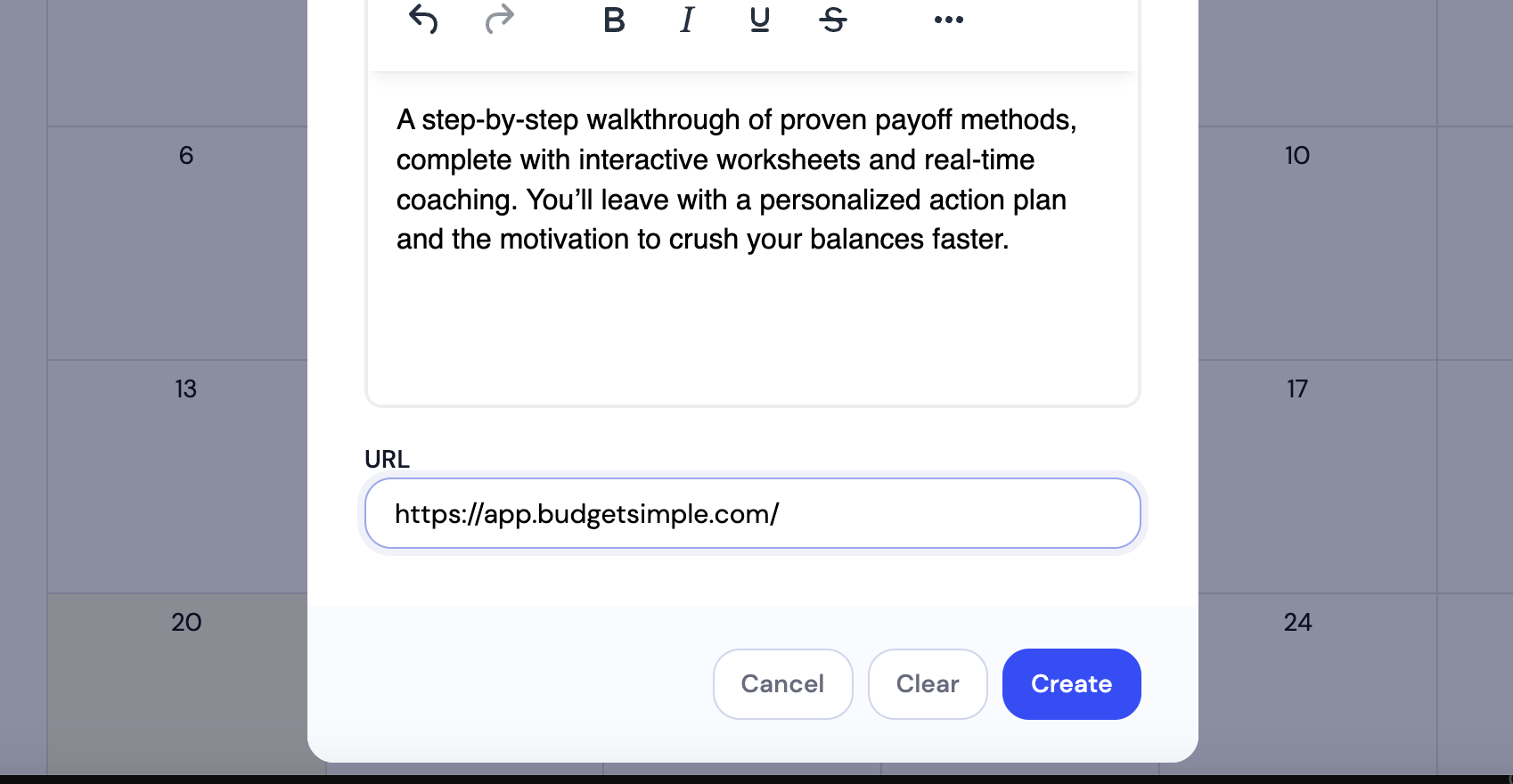 Event detail view with date range, time zone, description, and external link.