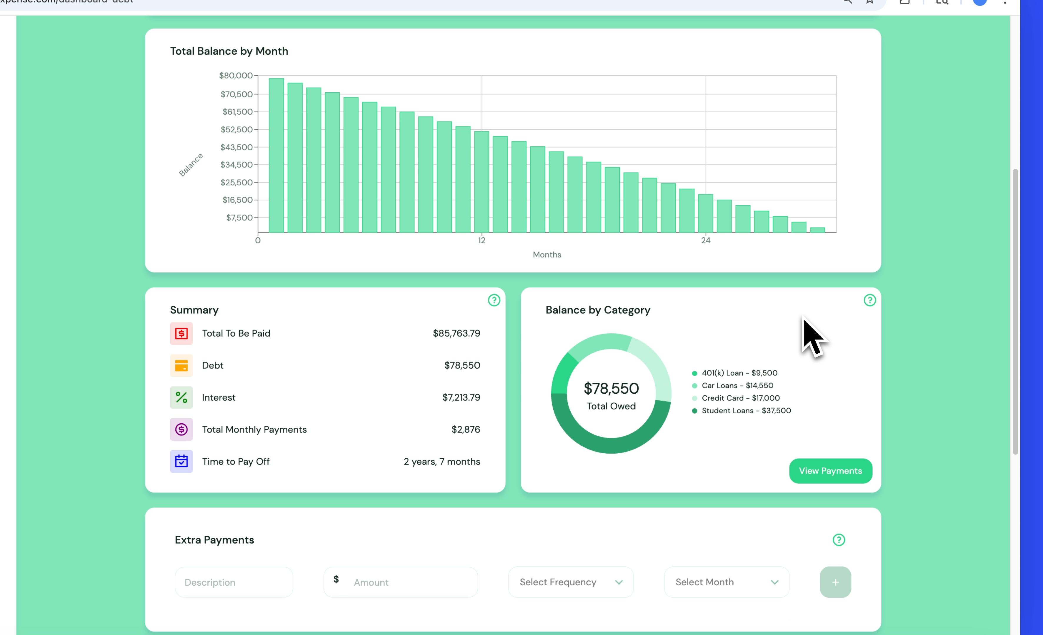 Debt dashboard showing balances, interest, and payoff timelines.