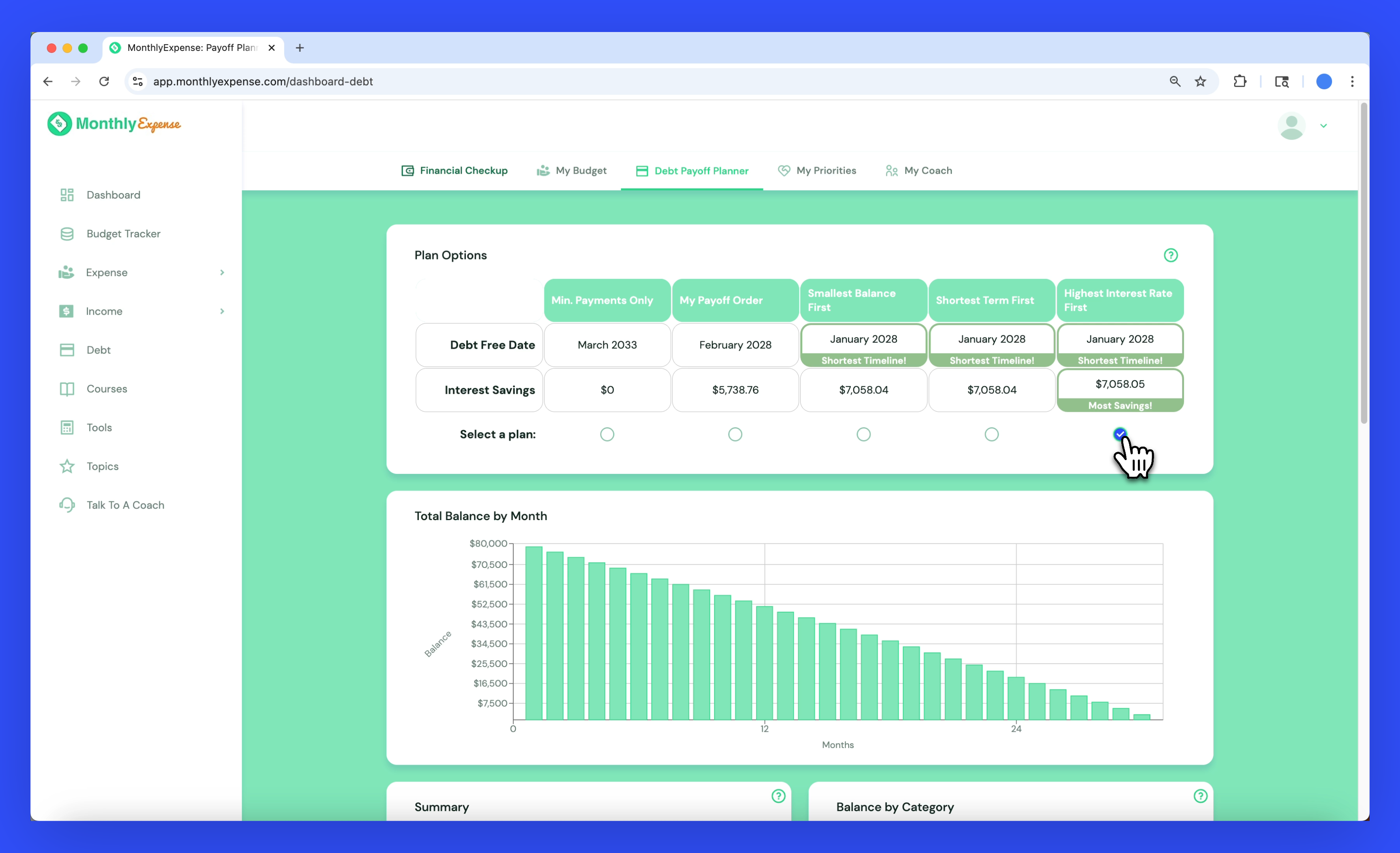 Comparison of payoff strategies with dates and interest totals.