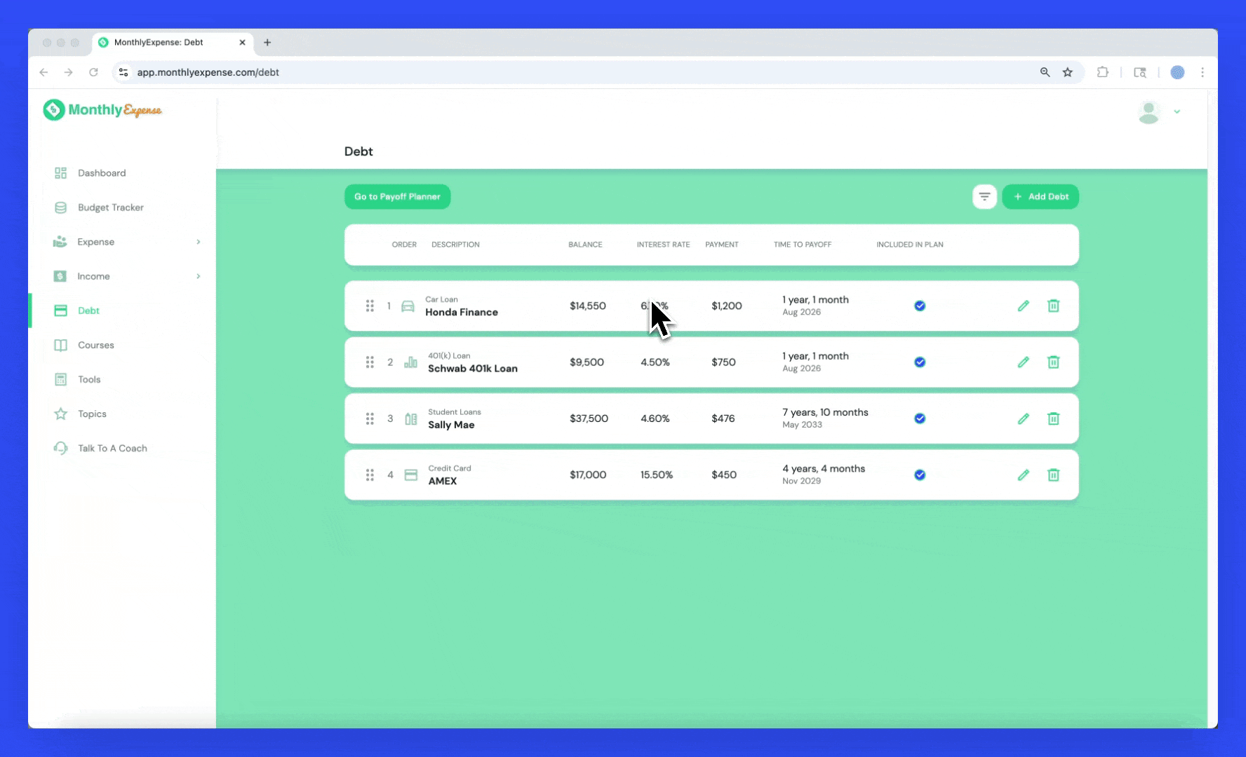 Debt Payoff Planner product walkthrough animation.