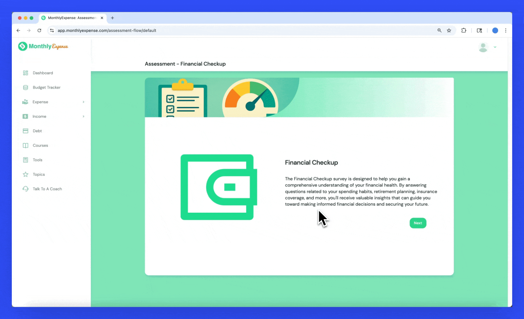 Financial Checkup Tool product walkthrough animation.