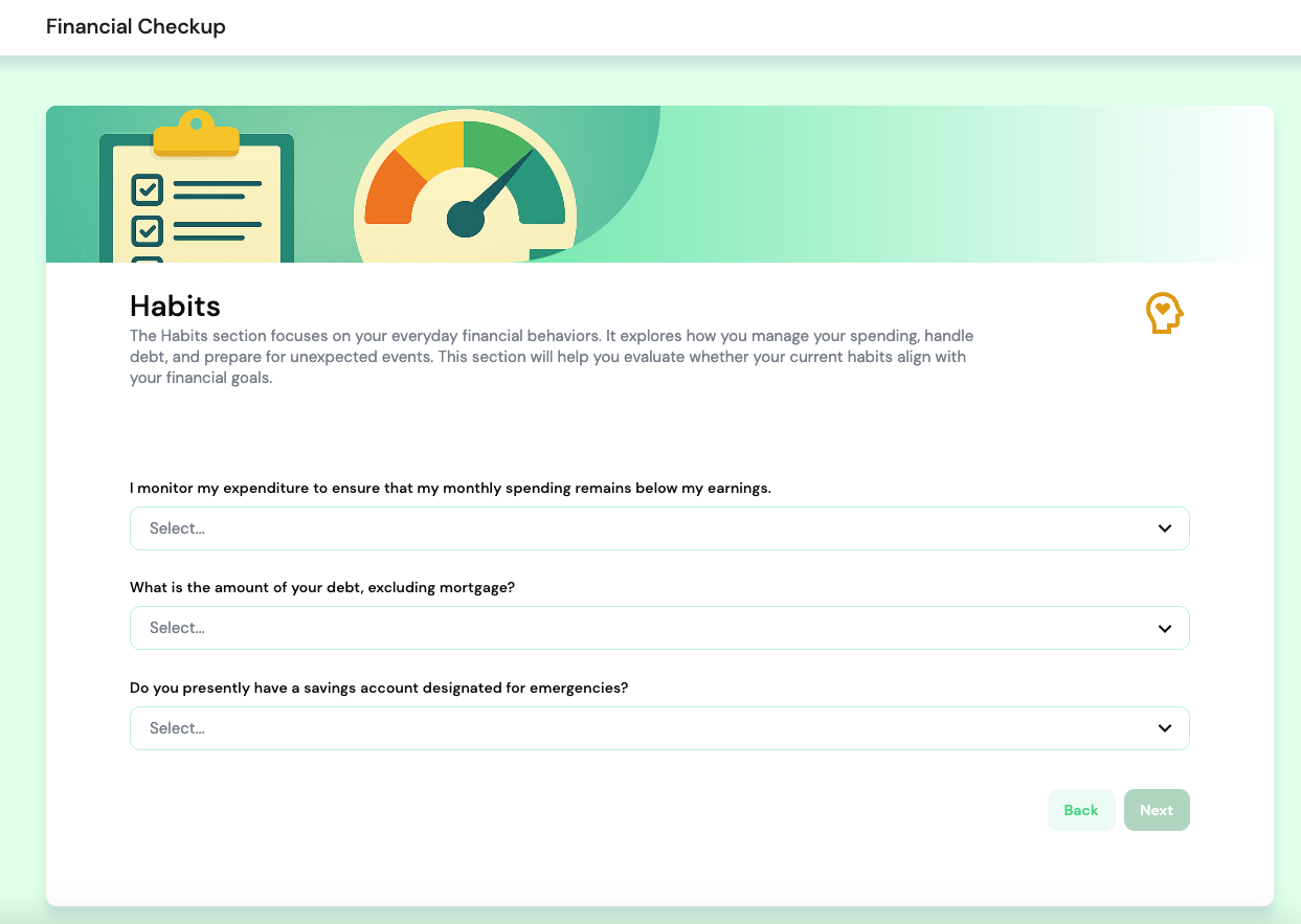 Financial checkup questionnaire covering key wellness categories.