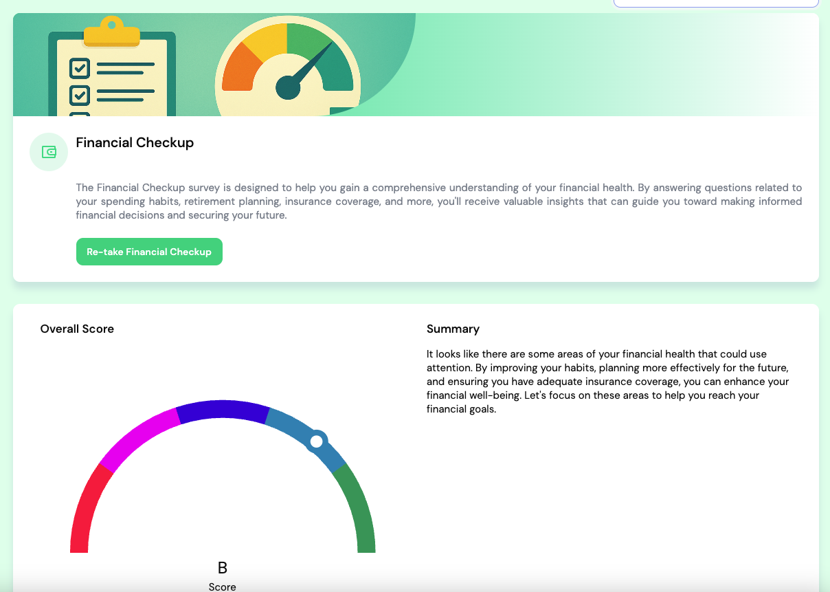 Financial Wellness Score summary with letter-grade style indicator.
