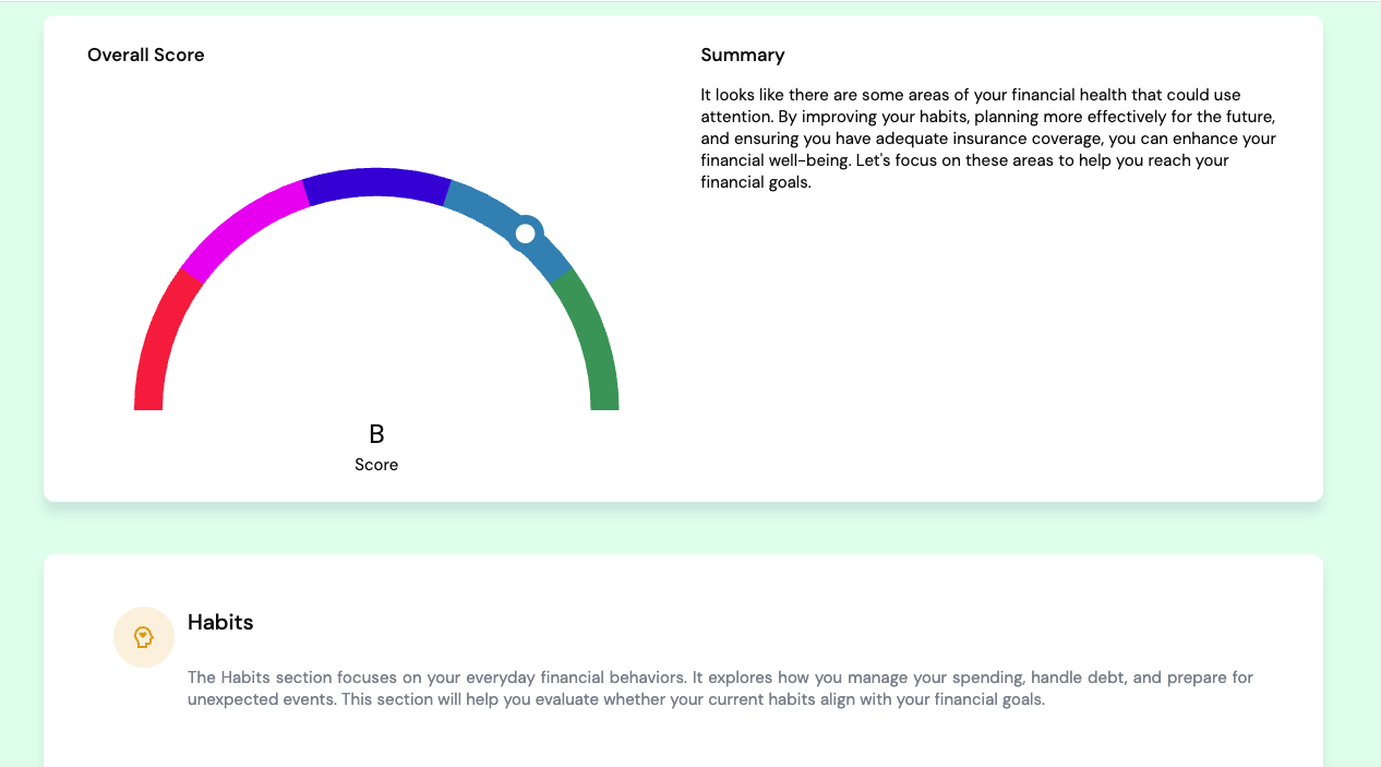 Breakdown of financial wellness score by habits, planning, retirement, and insurance.