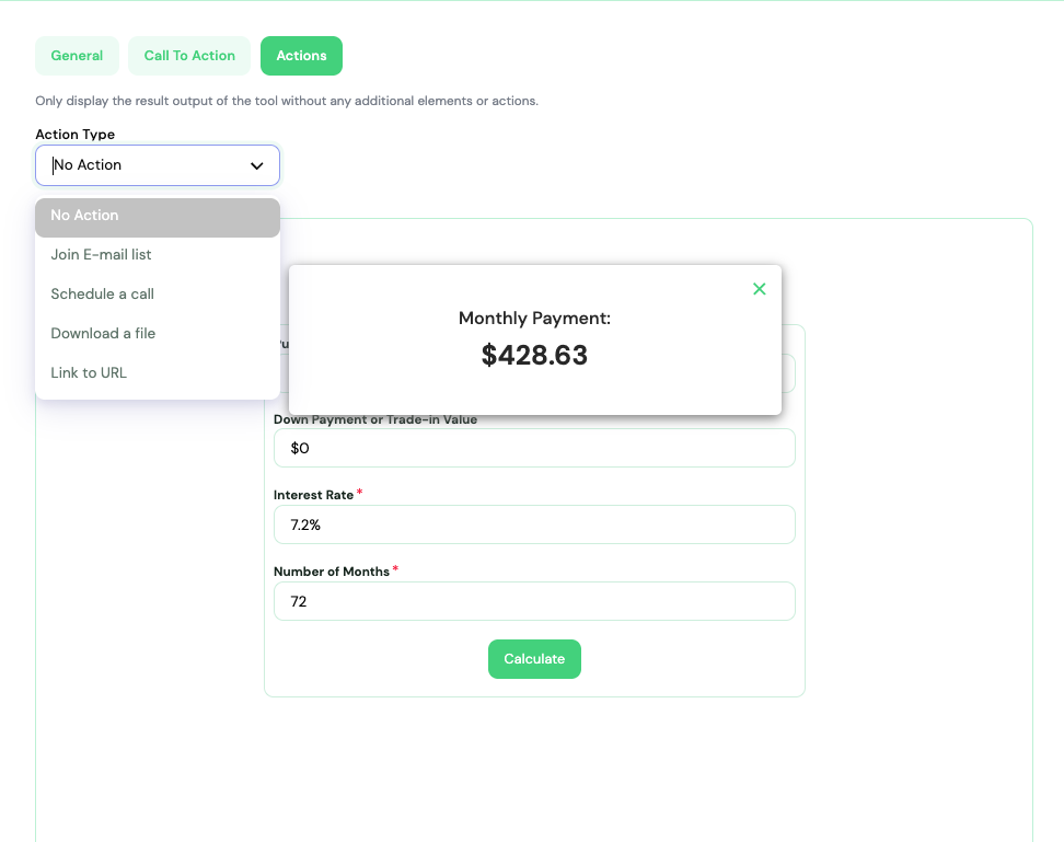Configuration for post-result actions after a calculator submission.