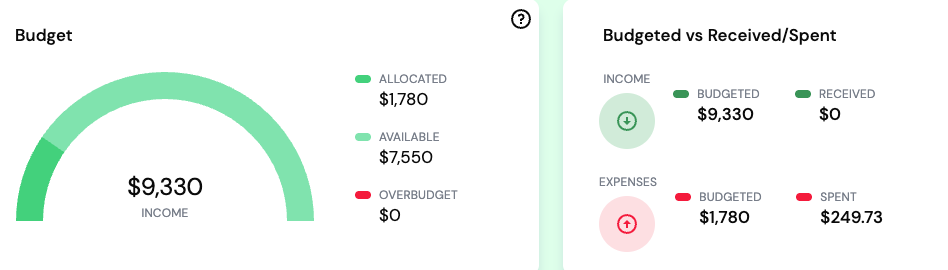Member budgeting dashboard with income, expenses, and savings goals.
